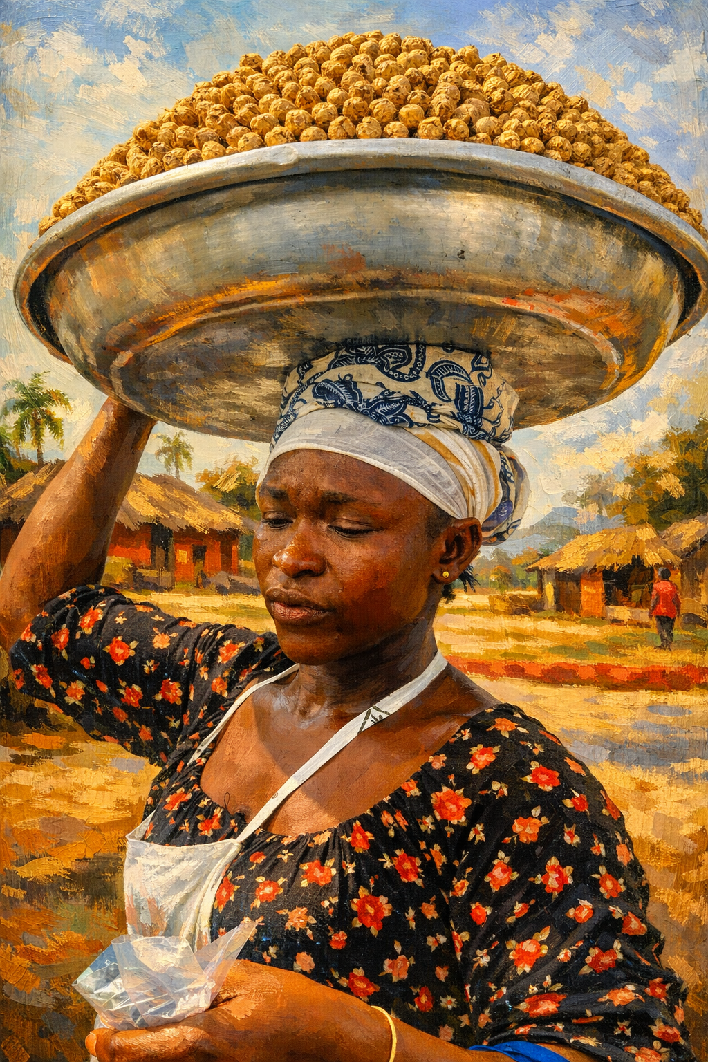 Ghanaian lady caring nuts on a Head pan